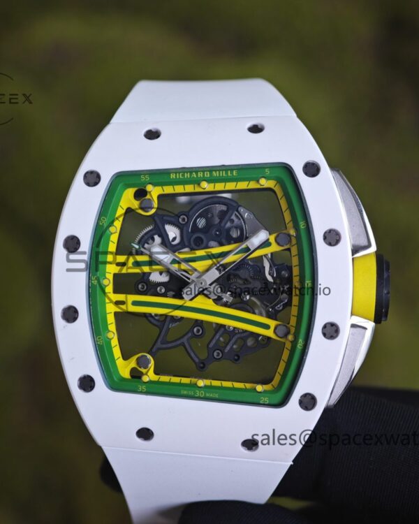 Customized Richard Mill 61-01 green track, CNCreference-accuratecustomized white ceramic case, genuine Parmigiani movement (appearance and function identical to the genuine), white natural rubber strap, titanium buckle — custom-built watch