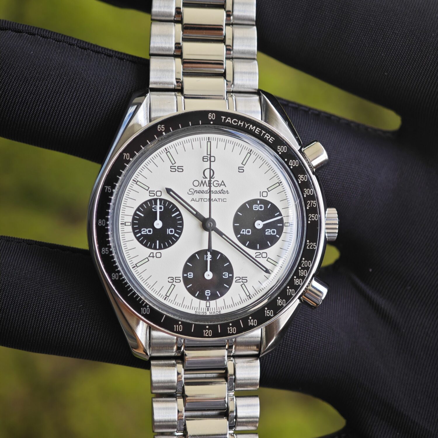 Authentic second-hand Omega Super Series SPEEDMASTER Panda Dial — custom-built watch