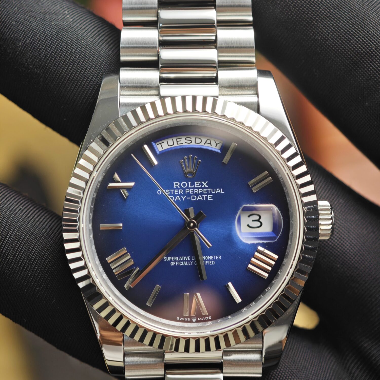Rolex Day Date 228239 Blue Roman numeral dial, GM weighted case, THB strap, dial correction, hands polished twice, total weight 196g, 3255 integrated movement — custom-built watch