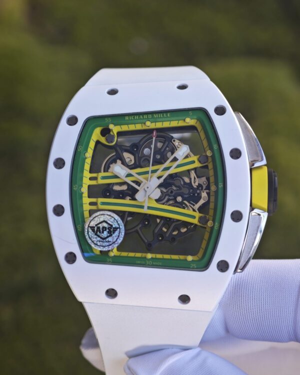 Richard Mill 61-01 Green Track, APS Factory Edition, Dandong Integrated Movement. Natural white rubber strap, titanium buckle — custom-built watch