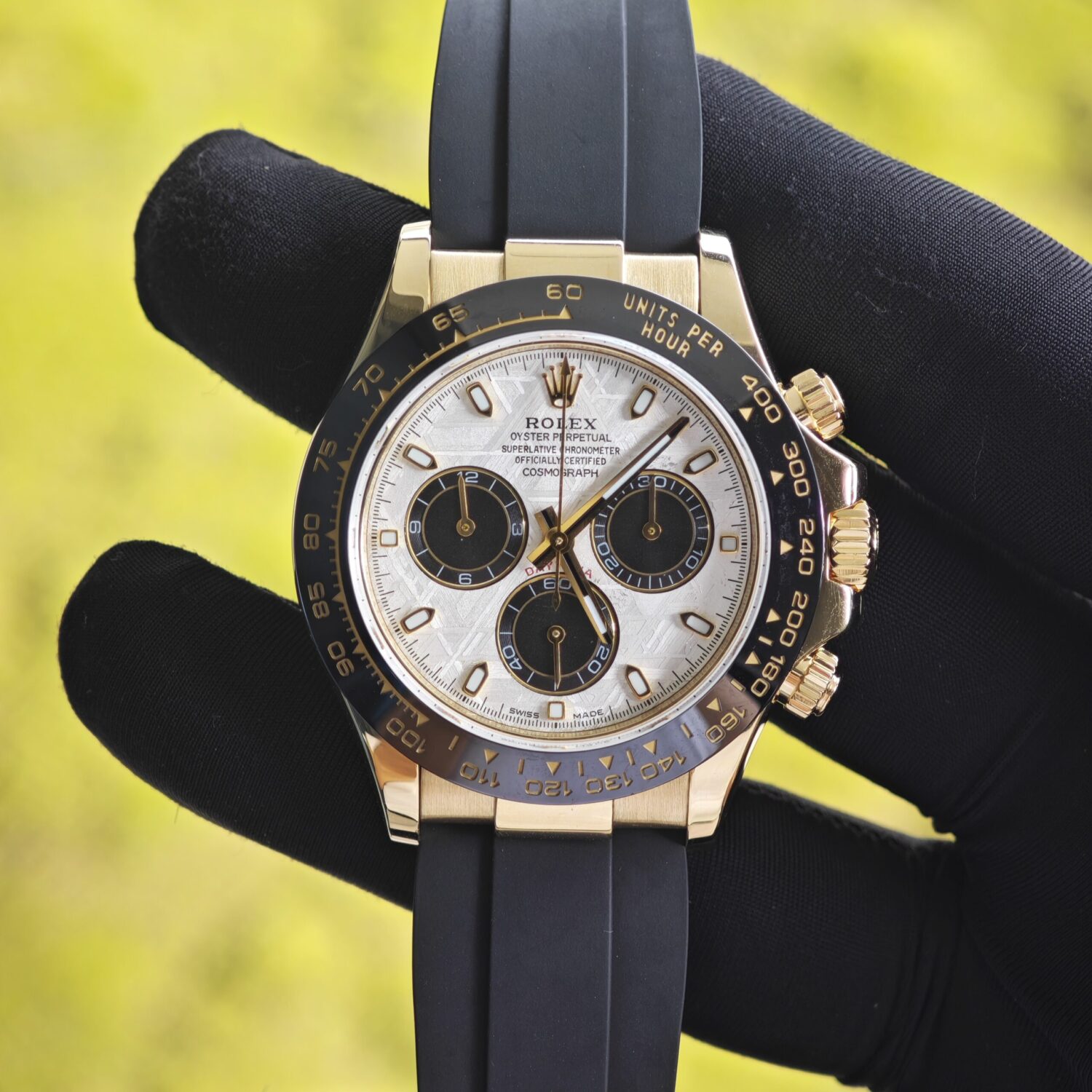 Daytona 116518 customized reference-accurate meteorite dial, best substitute hands, CNC customized 18K pure gold case clasp, with Oysterflex strap, Dandong 4130 movement — custom-built watch