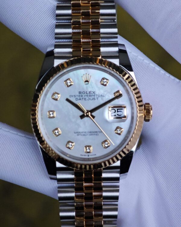 Rolex Day Date model m128239, diameter 36mm, custom best set diamond scale white mother of pearl dial, best alternative hands and date, electroplated 18K rose gold bezel and bracelet, custom 3235 movement — custom-built watch