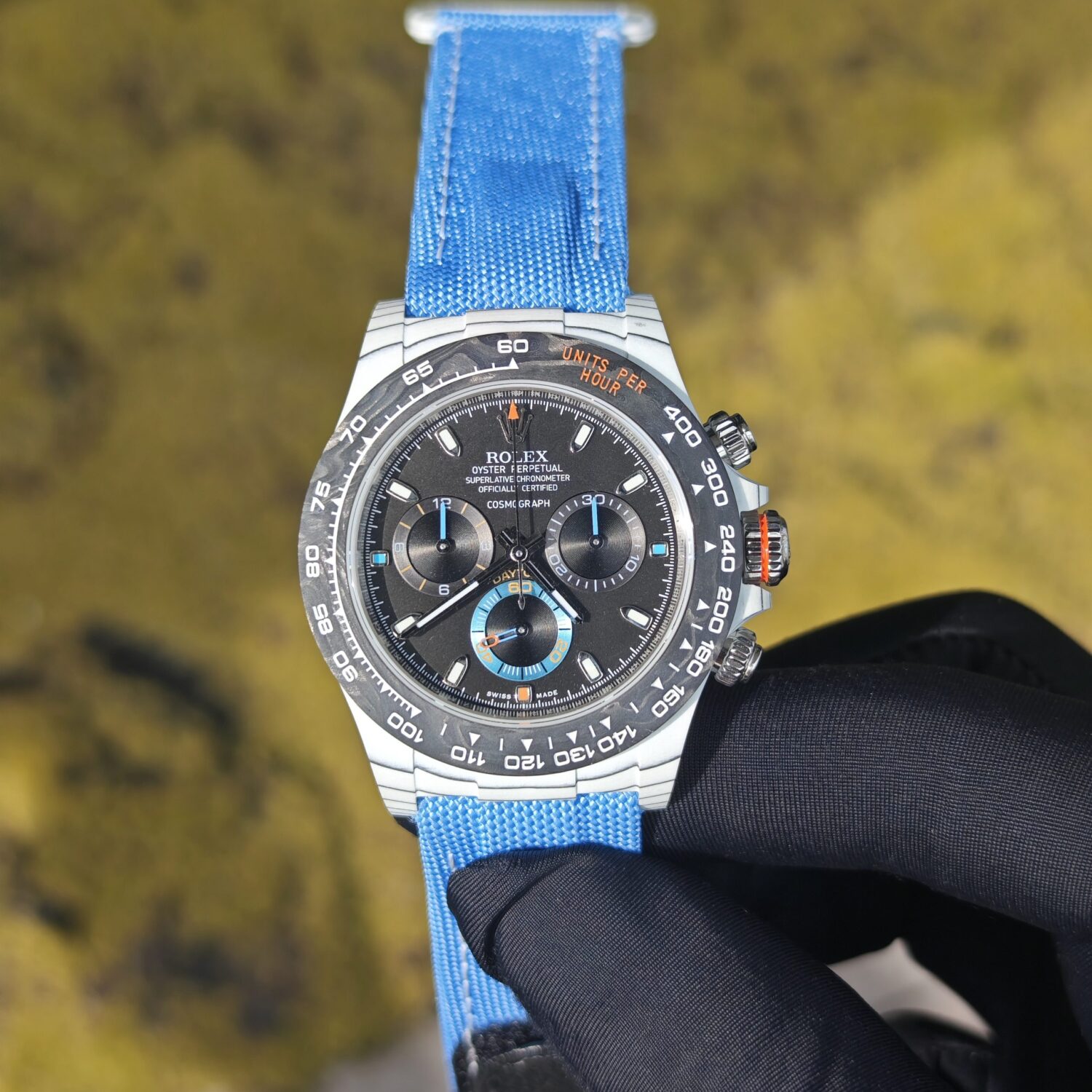 DIW Rolex Carbon Fiber Daytona, Customized Imported Carbon Fiber Case, Customized Best Alternative Dial and Pointer, Customized Blue Velcro Strap, Dandong 4130 Movement — custom-built watch