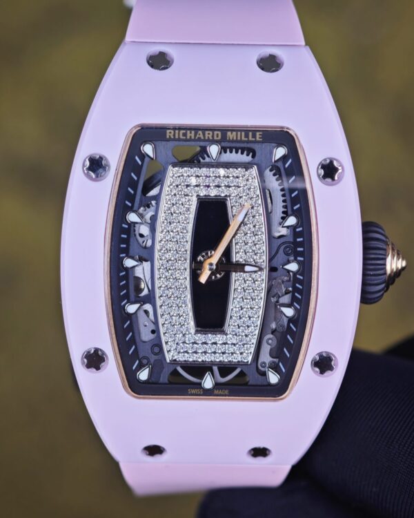 The Richard Mille RM 07-01 women’s series produced by ZF factory features a pink ceramic case, a diamond studded dial, and an integrated Asian CRMA2 movement — custom-built watch