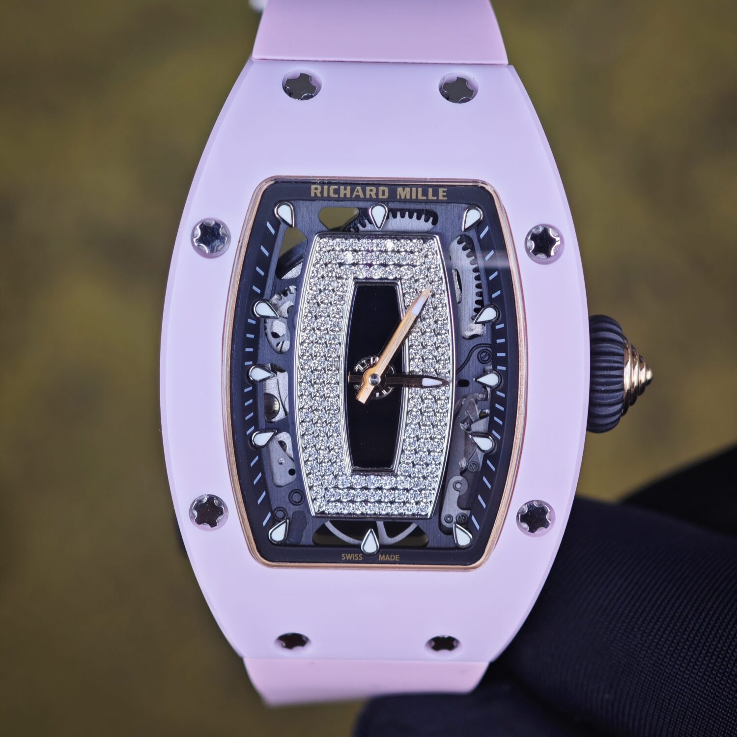 The Richard Mille RM 07-01 women’s series produced by ZF factory features a pink ceramic case, a diamond studded dial, and an integrated Asian CRMA2 movement — custom-built watch