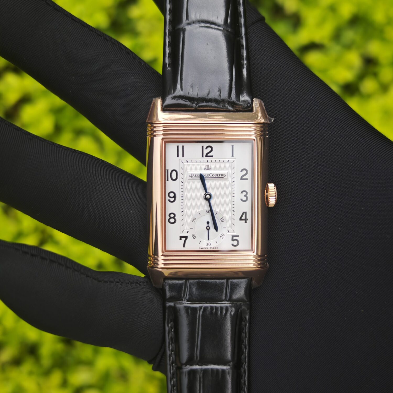 MG Factory Jaeger LeCoultre Large Double sided Flip Dual Time Zone Watch with Black Leather Strap — custom-built watch