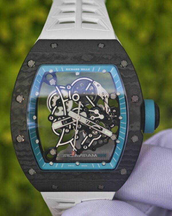 Richard Mir RM055 (Abu Dhabi), original data reference-accuratecustomized best carbon fiber material case, latest version APRFParmigiani movement modified RMUL2 movement, white natural rubber strap, high transparency curved blue film coated sapphire crystal, titanium buckle — custom-built watch