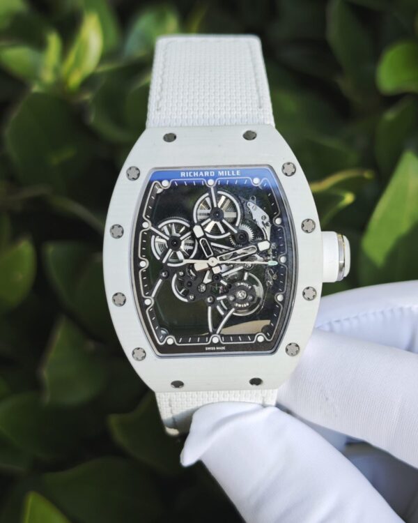 Richard Mir RM55-01， Original data reference-accuratecustomized imported carbon fiber material case, Swiss Parmigiani movement modified RMUL4 movement, (function consistent with original) white natural rubber strap, high transparency curved sapphire crystal, titanium buckle — custom-built watch