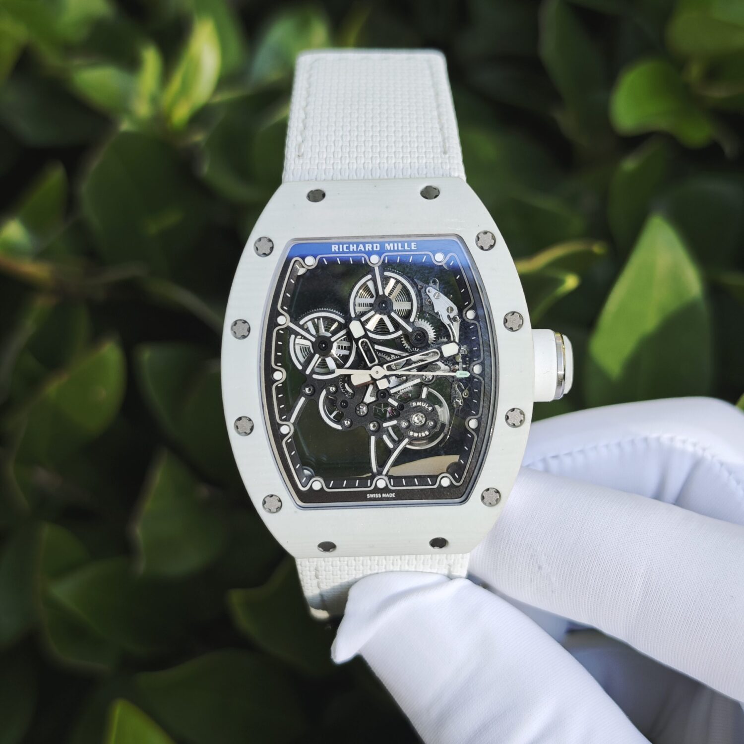 Richard Mir RM55-01, Original data reference-accuratecustomized imported carbon fiber material case, Swiss Parmigiani movement modified RMUL4 movement, (function consistent with original) white natural rubber strap, high transparency curved sapphire crystal, titanium buckle — custom-built watch