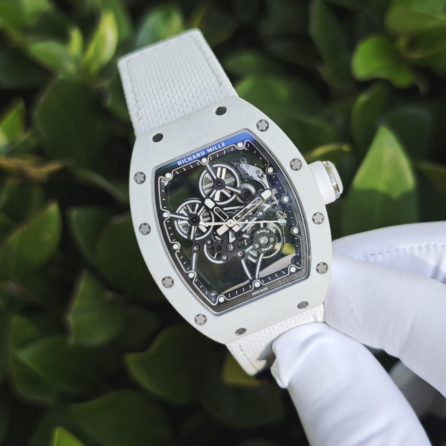 Richard Mir RM55-01, Original data reference-accuratecustomized imported carbon fiber material case, Swiss Parmigiani movement modified RMUL4 movement, (function consistent with original) white natural rubber strap, high transparency curved sapphire crystal, titanium buckle — custom-built watch