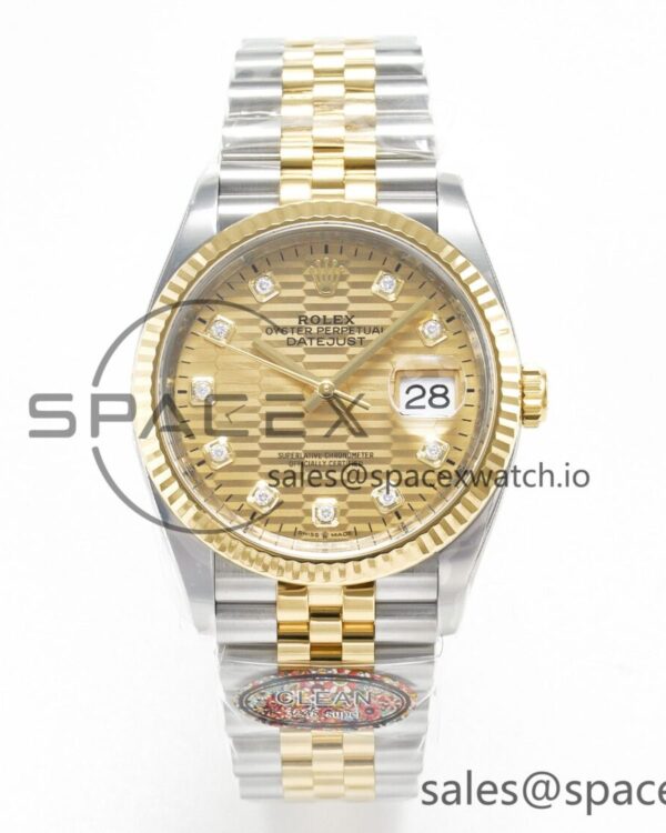 DateJust 36 126233 Clean reference-accurate 904L Steel YG Textured Diamonds Dial on SS/YG Jubilee Bracelet VR3235 — custom-built watch