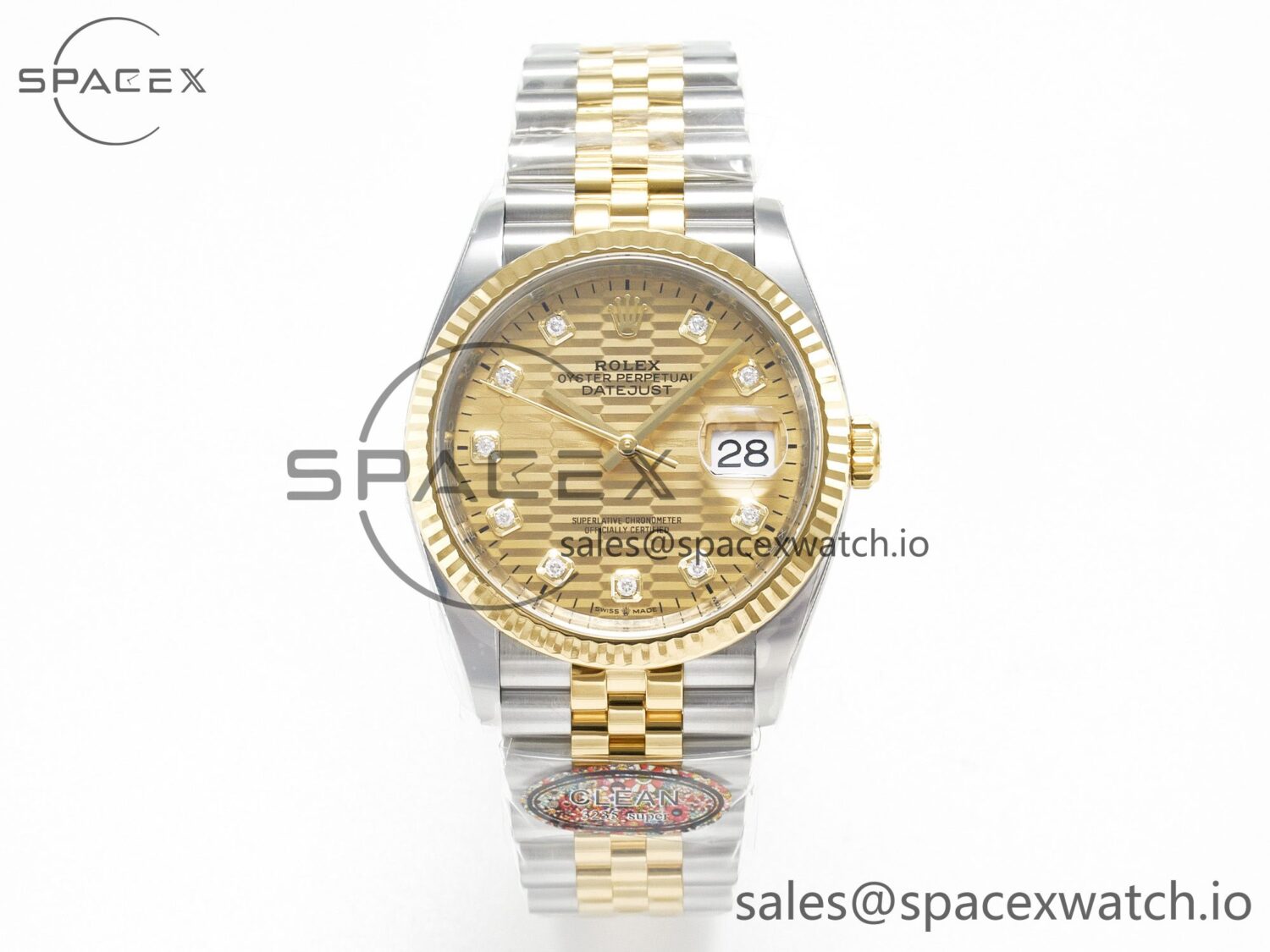 DateJust 36 126233 Clean reference-accurate 904L Steel YG Textured Diamonds Dial on SS/YG Jubilee Bracelet VR3235 — custom-built watch