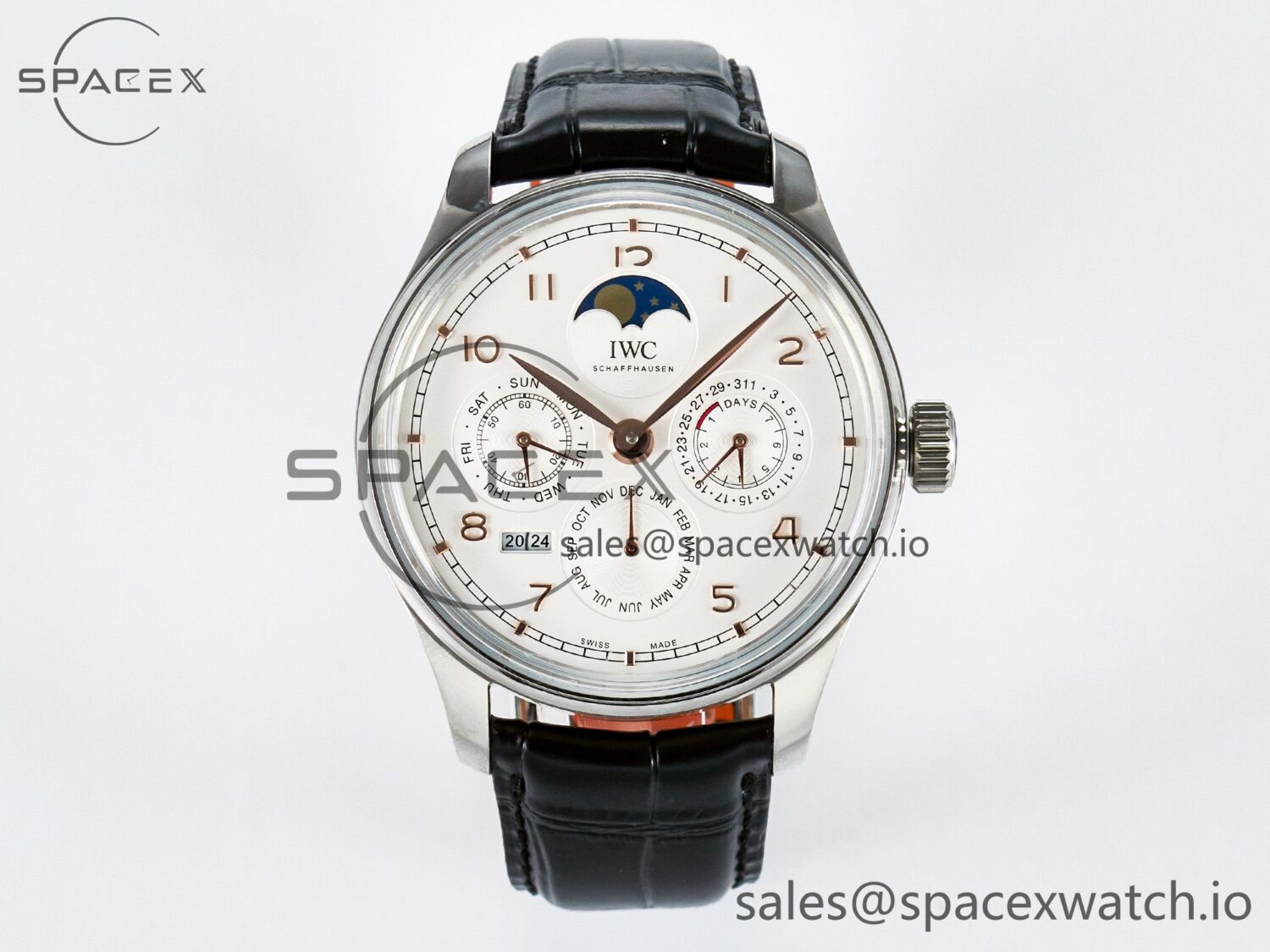 IW5033 Portugieser Perpetual Calendar SS V9F reference-accurate White Dial on Black Leather Strap A52610 — custom-built watch