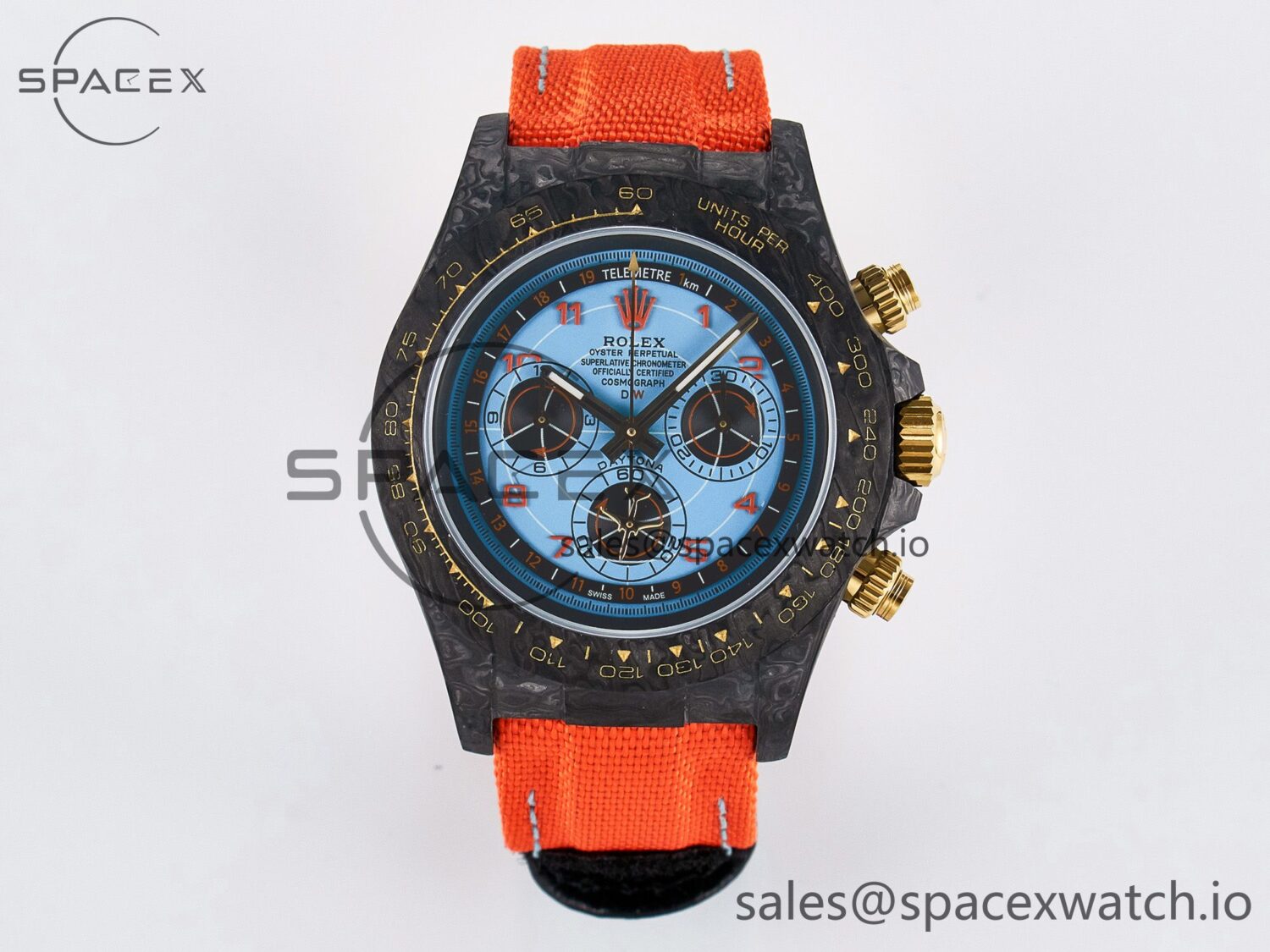 Daytona DIW “AVIA AZURE BLUE” Carbon DIWF reference-accurate Blue Dial on Orange Nylon Strap SH4130 — custom-built watch