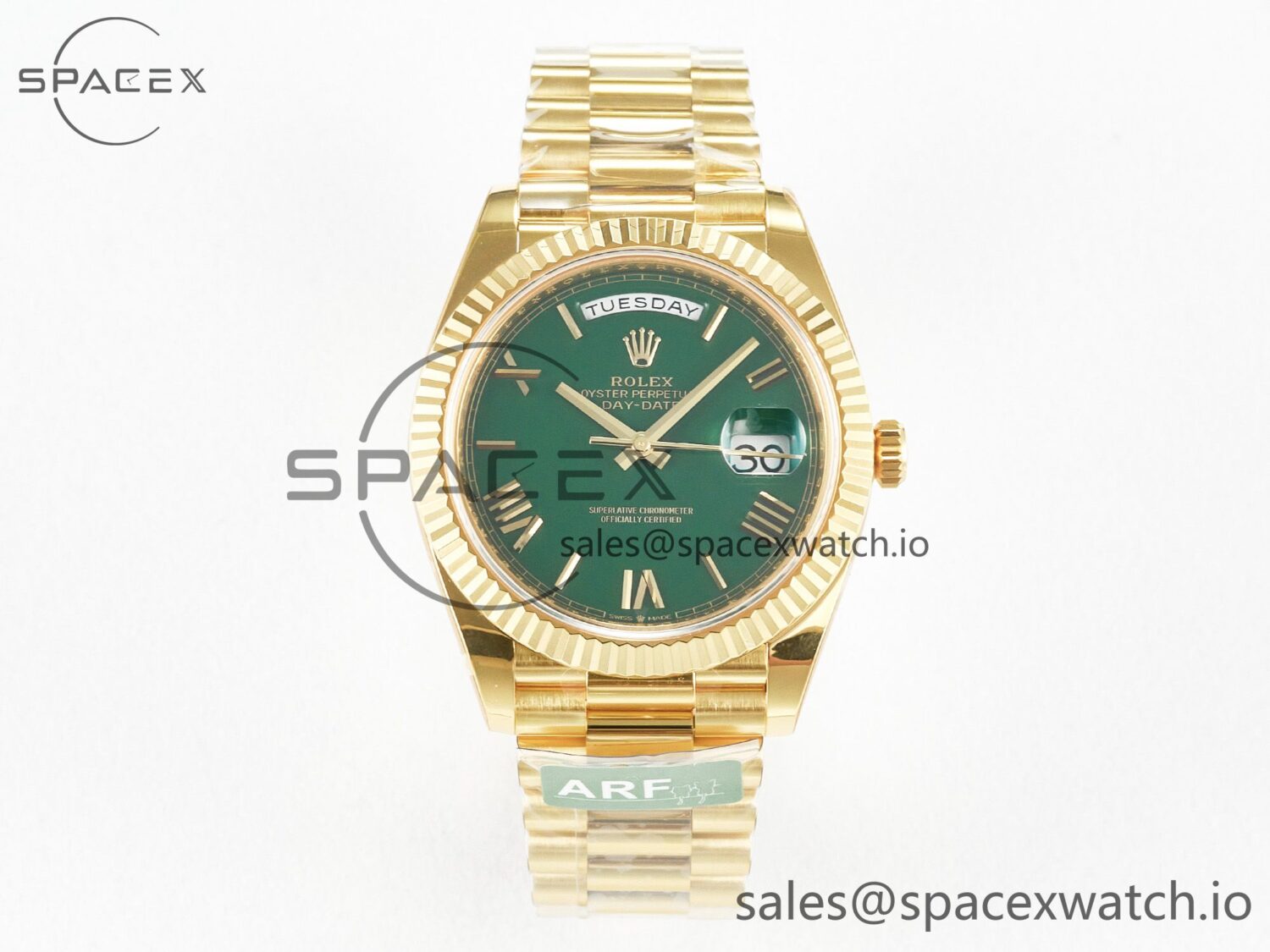 Day Date 40 YG 228238 ARF reference-accurate Green Roman Dial on President Bracelet VR3255 — custom-built watch