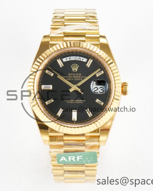 Day Date 40 228238 ARF 904L Steel Black Crystal Diamonds Bezel on President Bracelet VR3255 — custom-built watch