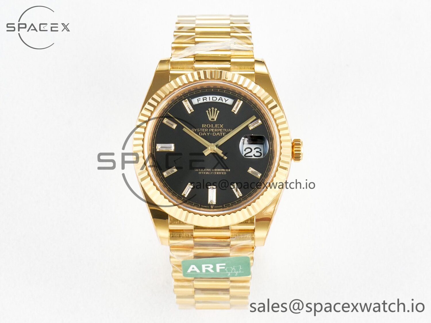 Day Date 40 228238 ARF 904L Steel Black Crystal Diamonds Bezel on President Bracelet VR3255 — custom-built watch