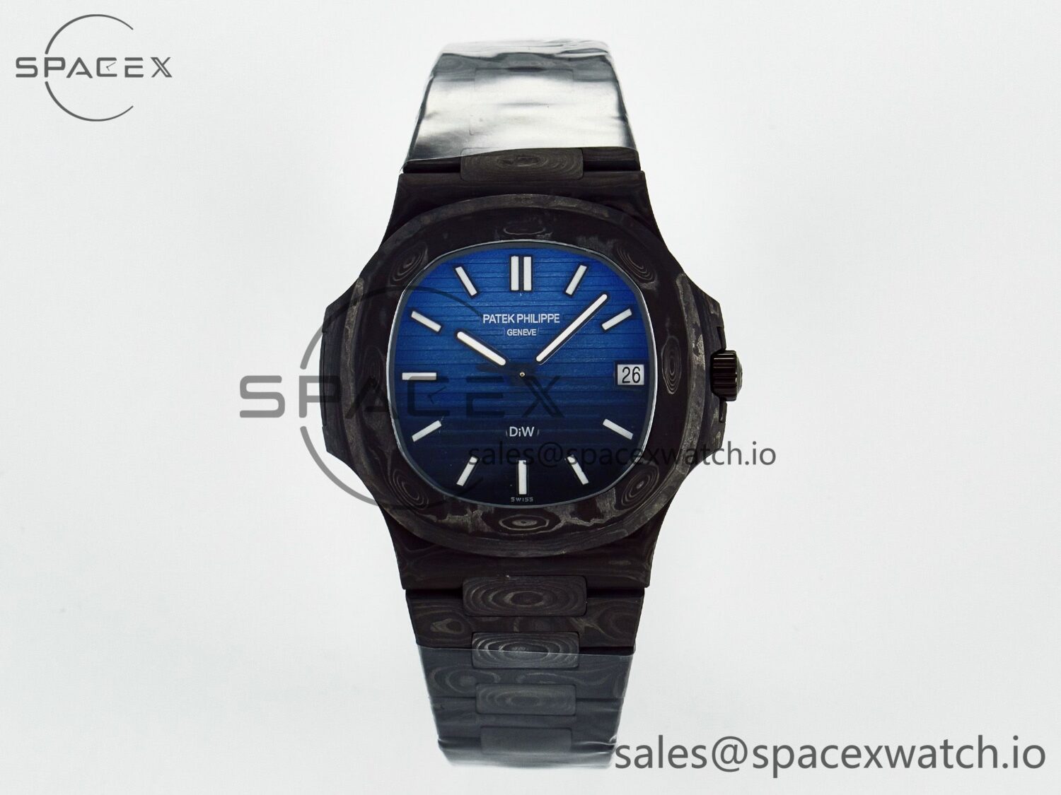 NAUTILUS 5711 DIW CARBON DIWF reference-accurate BLACK/BLUE TEXTURED DIAL ON CARBON BRACELET 324CS — custom-built watch