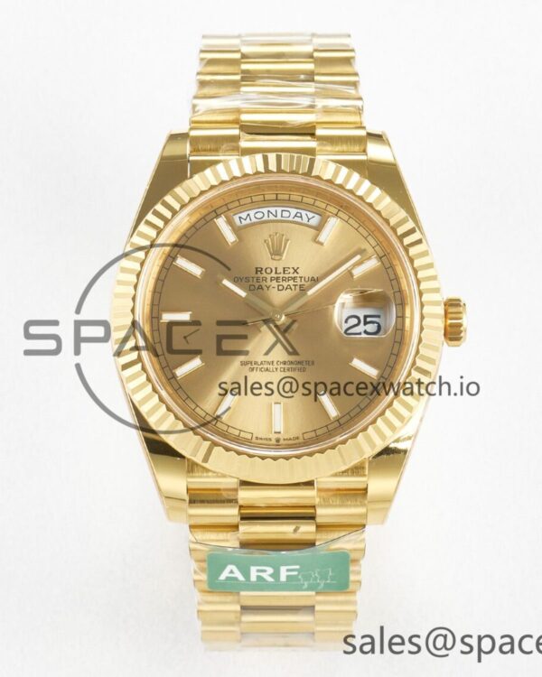 Day Date 40 228238 ARF 904L Steel Gold Stick Dial on President Bracelet VR3255 — custom-built watch
