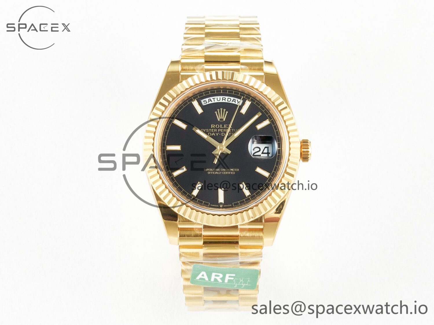 Day Date 40 228238 ARF 904L Steel Black Stick Dial on President Bracelet VR3255 — custom-built watch