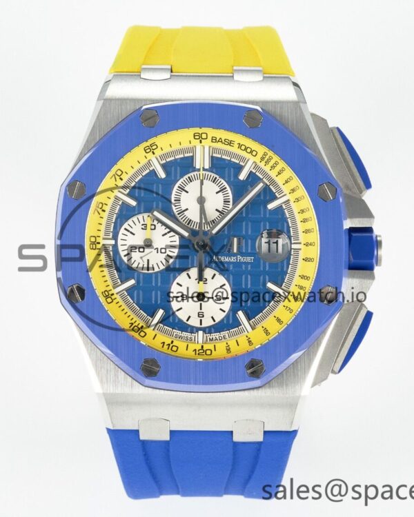 Royal Oak Offshore 44mm SS TKF reference-accurate Blue/Yellow Dial on Blue/Yellow Rubber Strap A3126 $558.00 — custom-built watch