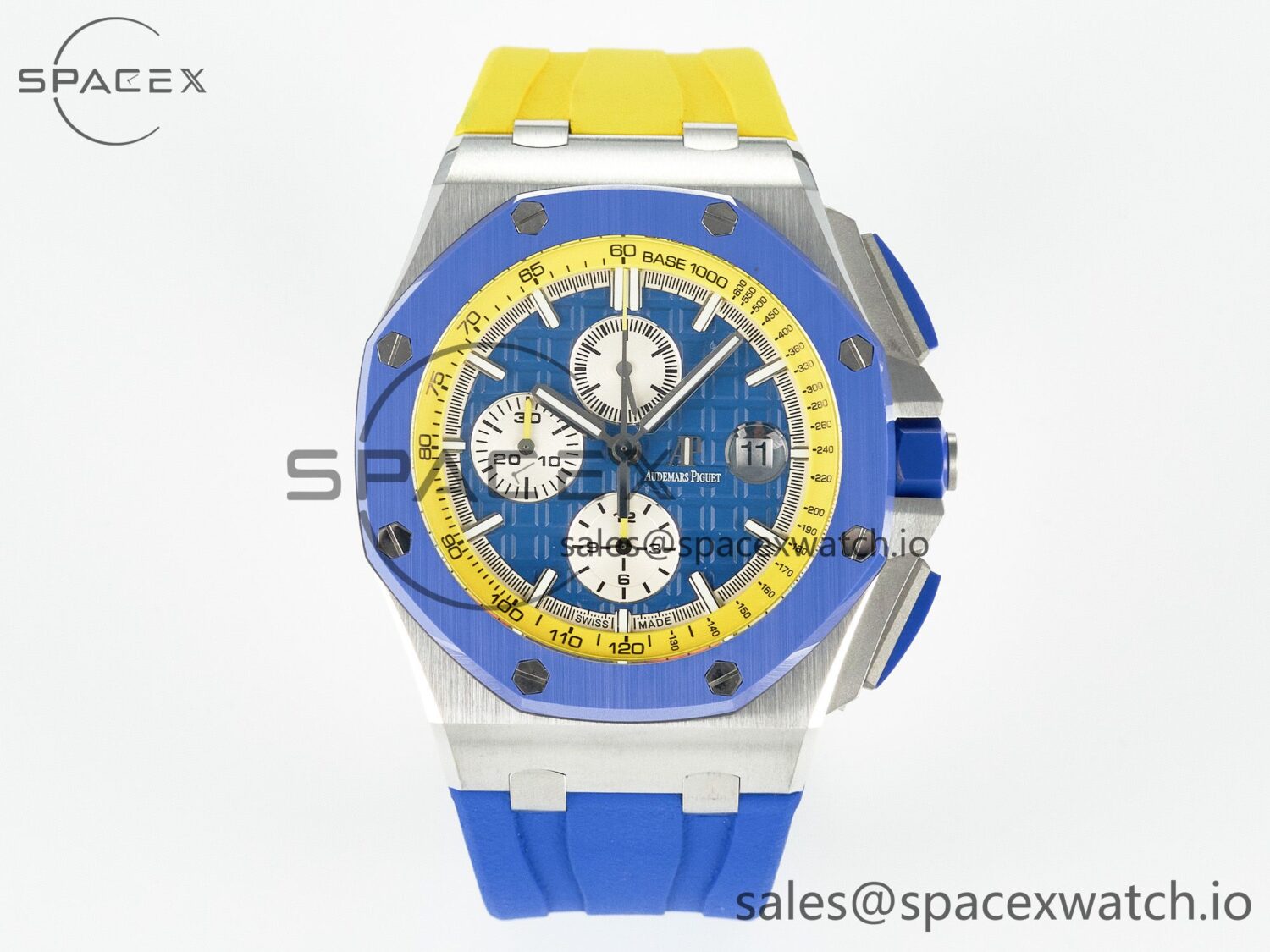 Royal Oak Offshore 44mm SS TKF reference-accurate Blue/Yellow Dial on Blue/Yellow Rubber Strap A3126 $558.00 — custom-built watch