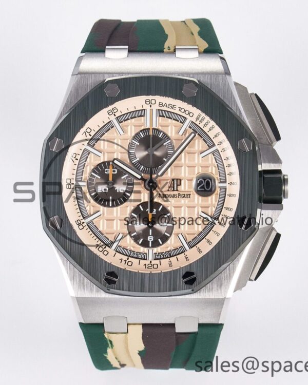 Royal Oak Offshore 44mm SS TKF reference-accurate Cream Dial on Green Camou Rubber Strap A3126 — custom-built watch