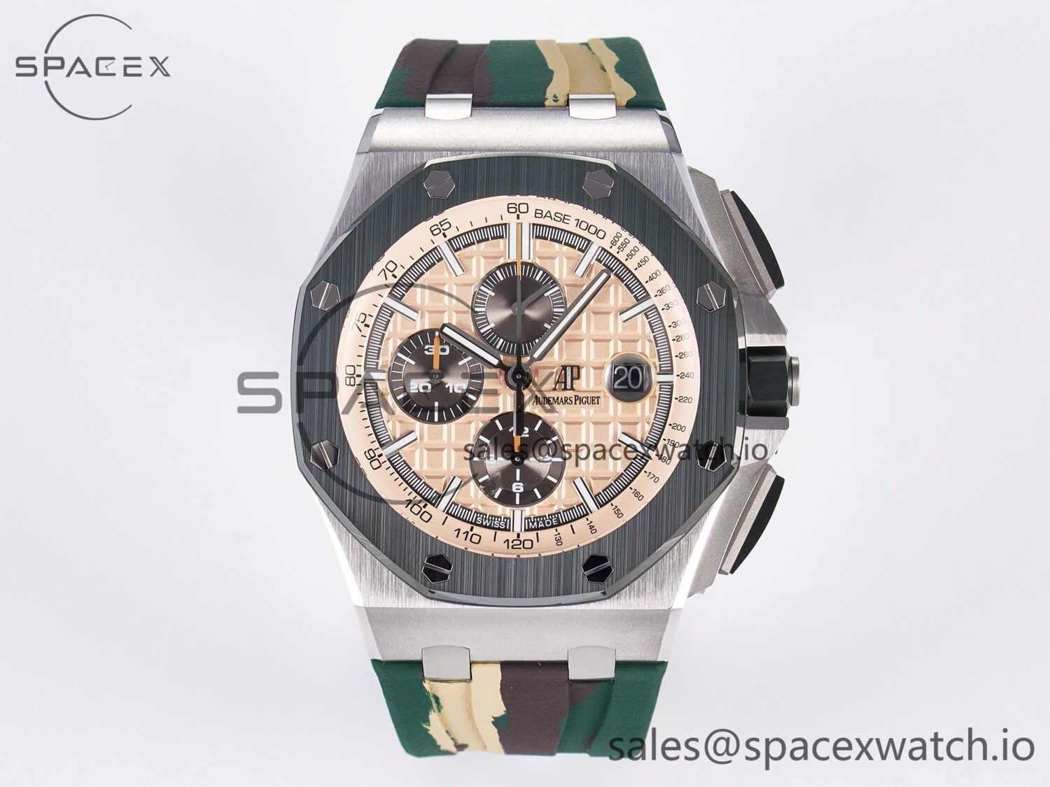 Royal Oak Offshore 44mm SS TKF reference-accurate Cream Dial on Green Camou Rubber Strap A3126 — custom-built watch
