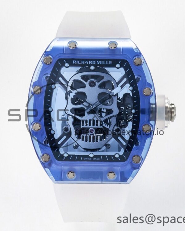 RM52-01 Blue Transparent Tourbillon MSF Best Edition Skull Dial on White Rubber Strap — custom-built watch