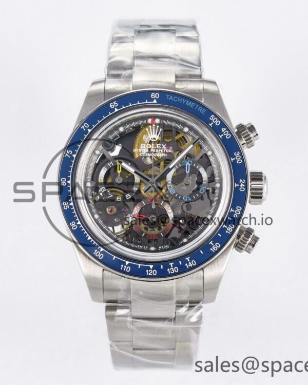 Daytona Artisans Skeleton SS ADGF Best Edition Blue Ceramic Bezel Skeleton Dial on SS Oyster Bracelet SA4130 — custom-built watch