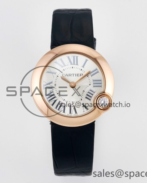Ballon Blanc De Cartier 30mm RG DRF reference-accurate Silvered Texture Dial on Black Leather Strap Ronda Quartz — custom-built watch