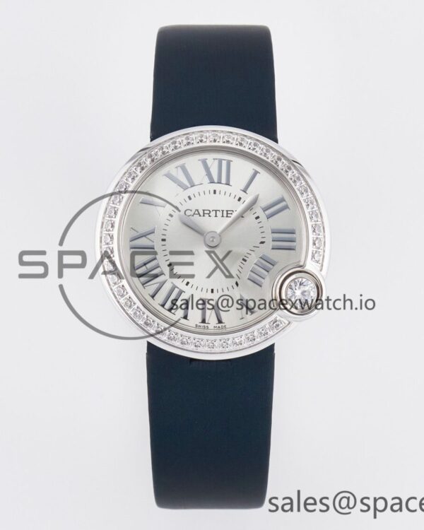 Ballon Blanc De Cartier 30mm SS DRF reference-accurate Silvered Texture Dial Diamonds Bezel on Blue Calfskin Strap Ronda Quartz — custom-built watch