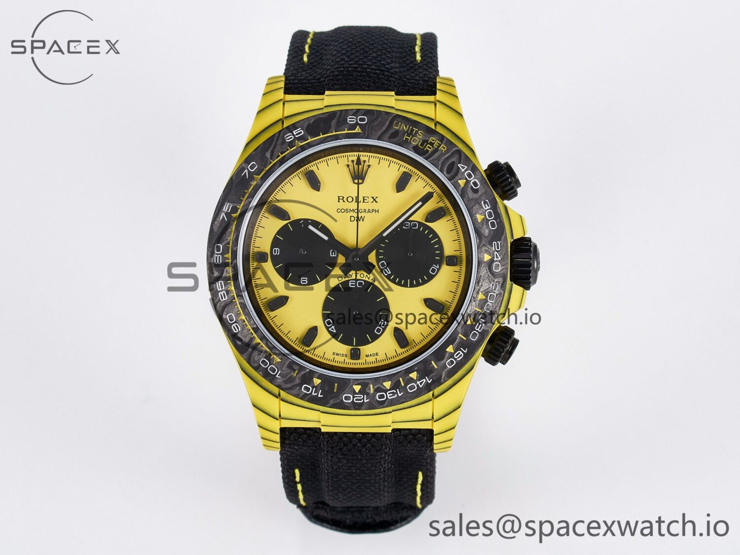 Daytona DIW Yellow Carbon Case DIWF Edition Black/White Dial on Black Nylon Strap A7750 — custom-built watch