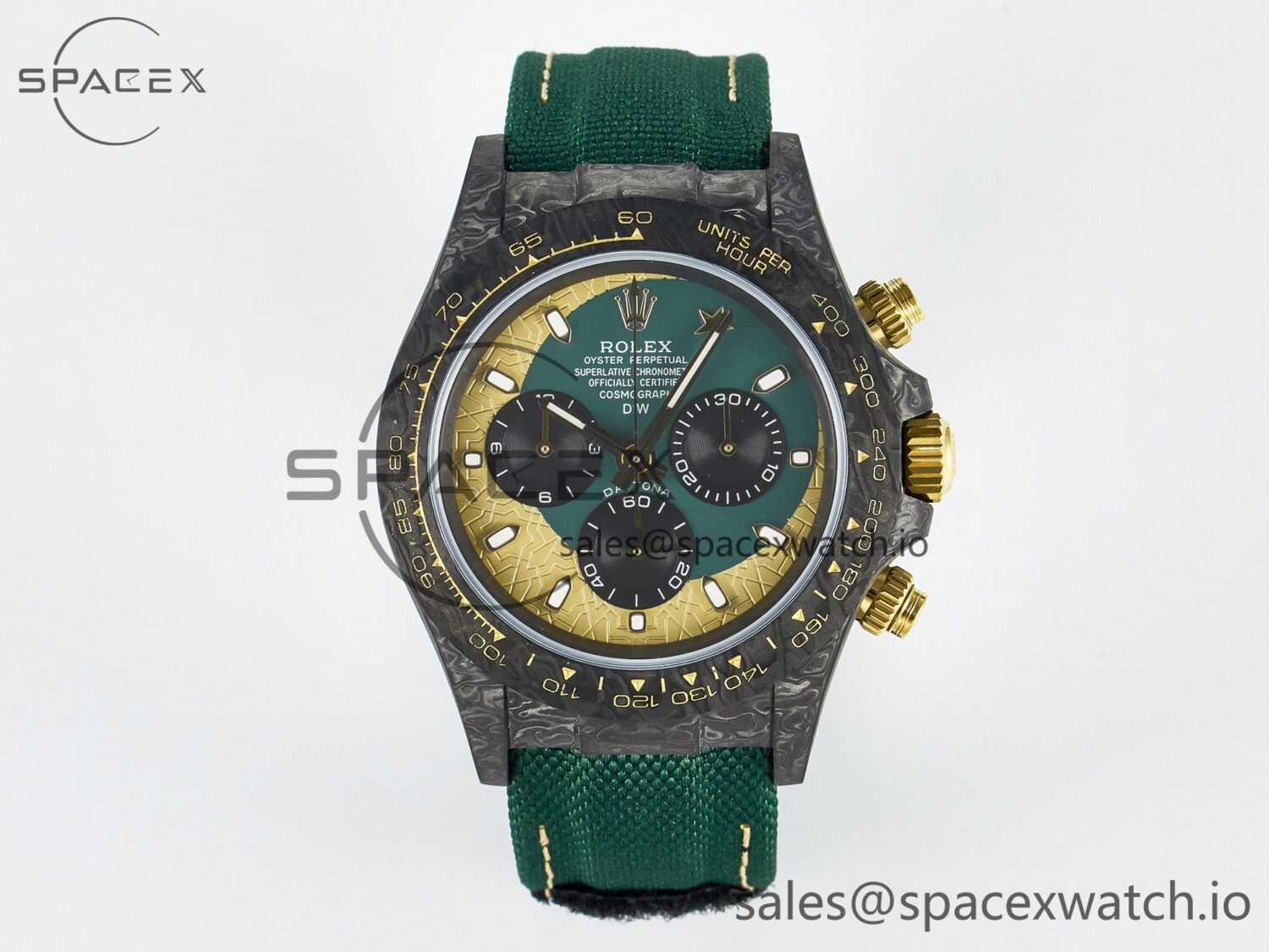 Daytona DIW Carbon Case and Bezel DIWF Edition Green/YG Dial on Green Nylon Strap A7750 — custom-built watch