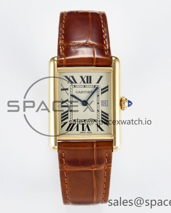 Tank Must Large YG 33.7mm DRF reference-accurate YG Dial on Brown Leather Strap Swiss Quartz — custom-built watch