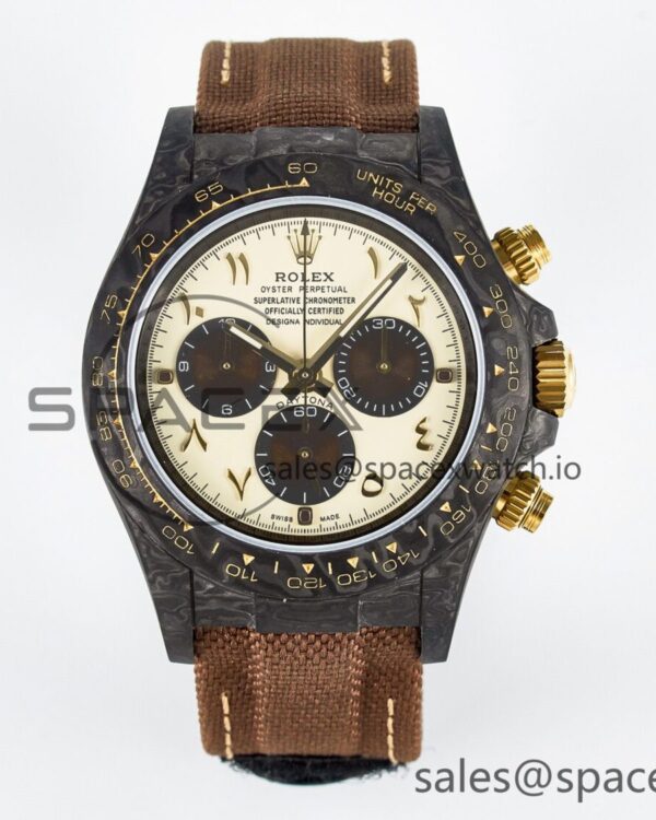 Daytona DIW Carbon Case and Bezel DIWF Edition Yellow Arabic Dial on Brown Nylon Strap A7750 — custom-built watch