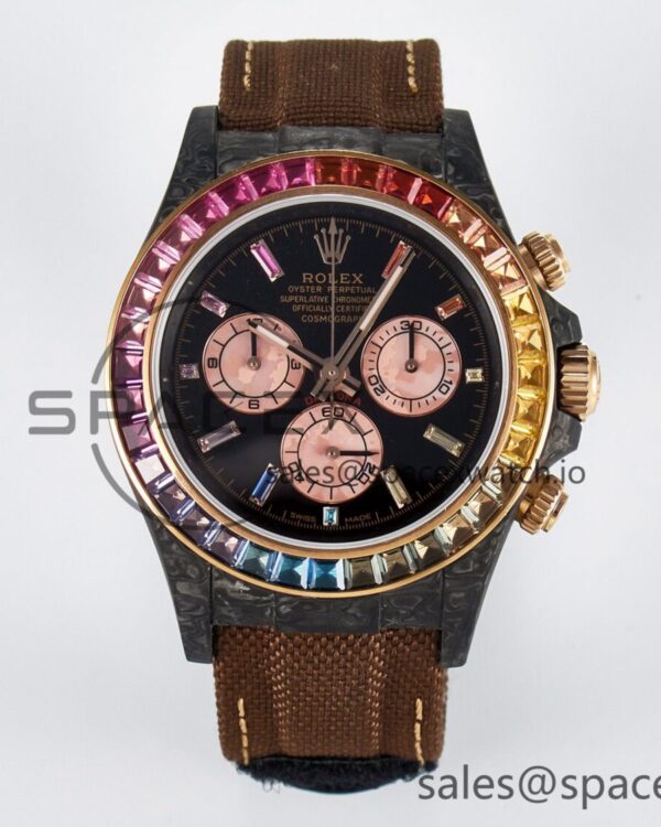 Daytona DIW Carbon Case DIWF Edition Black Dial Rainbow Diamonds Bezel on Brown Nylon Strap A7750 — custom-built watch