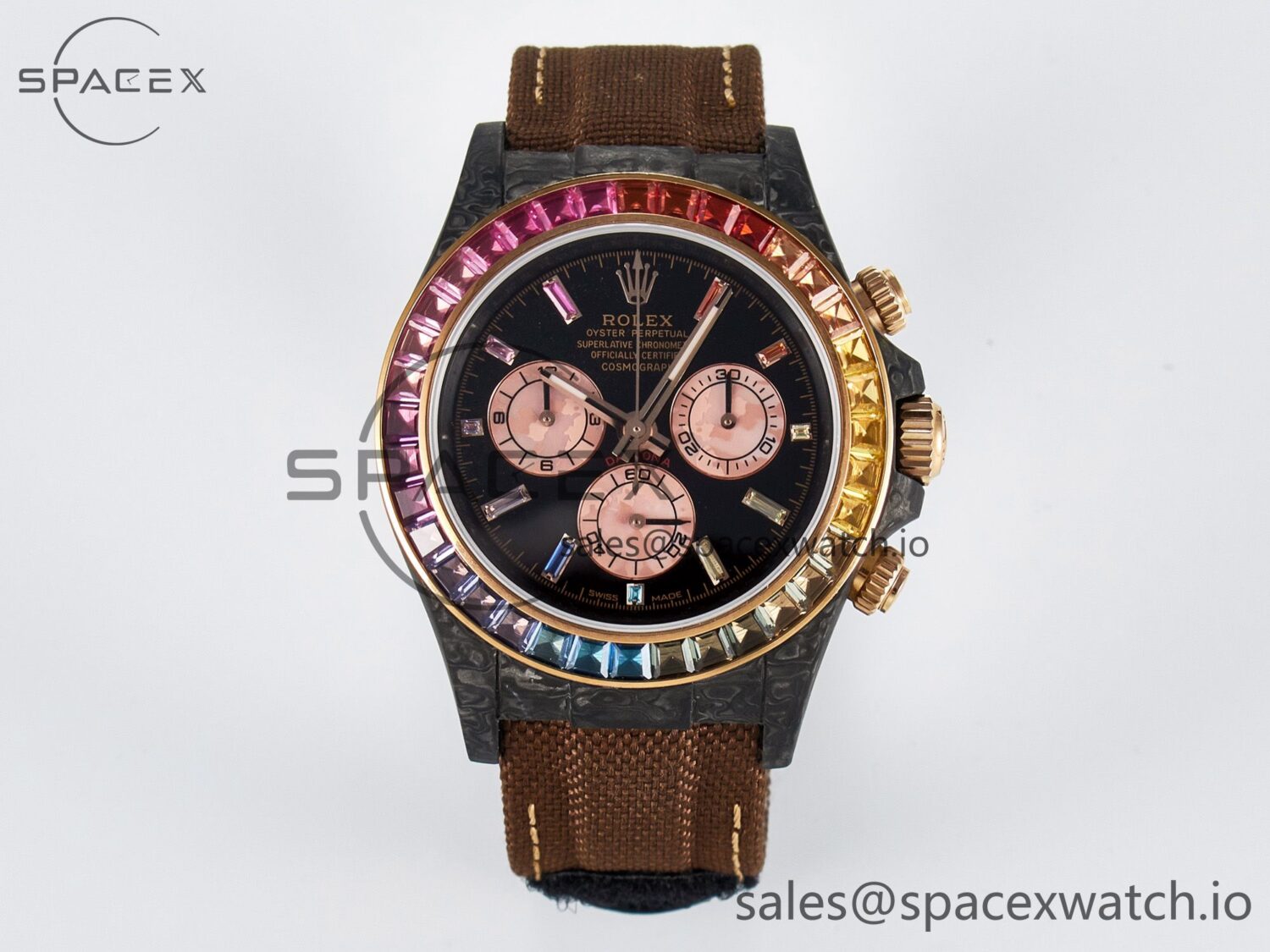 Daytona DIW Carbon Case DIWF Edition Black Dial Rainbow Diamonds Bezel on Brown Nylon Strap A7750 — custom-built watch