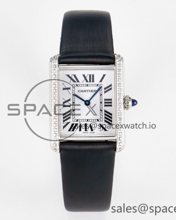 Tank Must Large SS 33.7mm DRF reference-accurate White Dial Diamonds Bezel on Black Calfskin Strap Swiss Quartz — custom-built watch