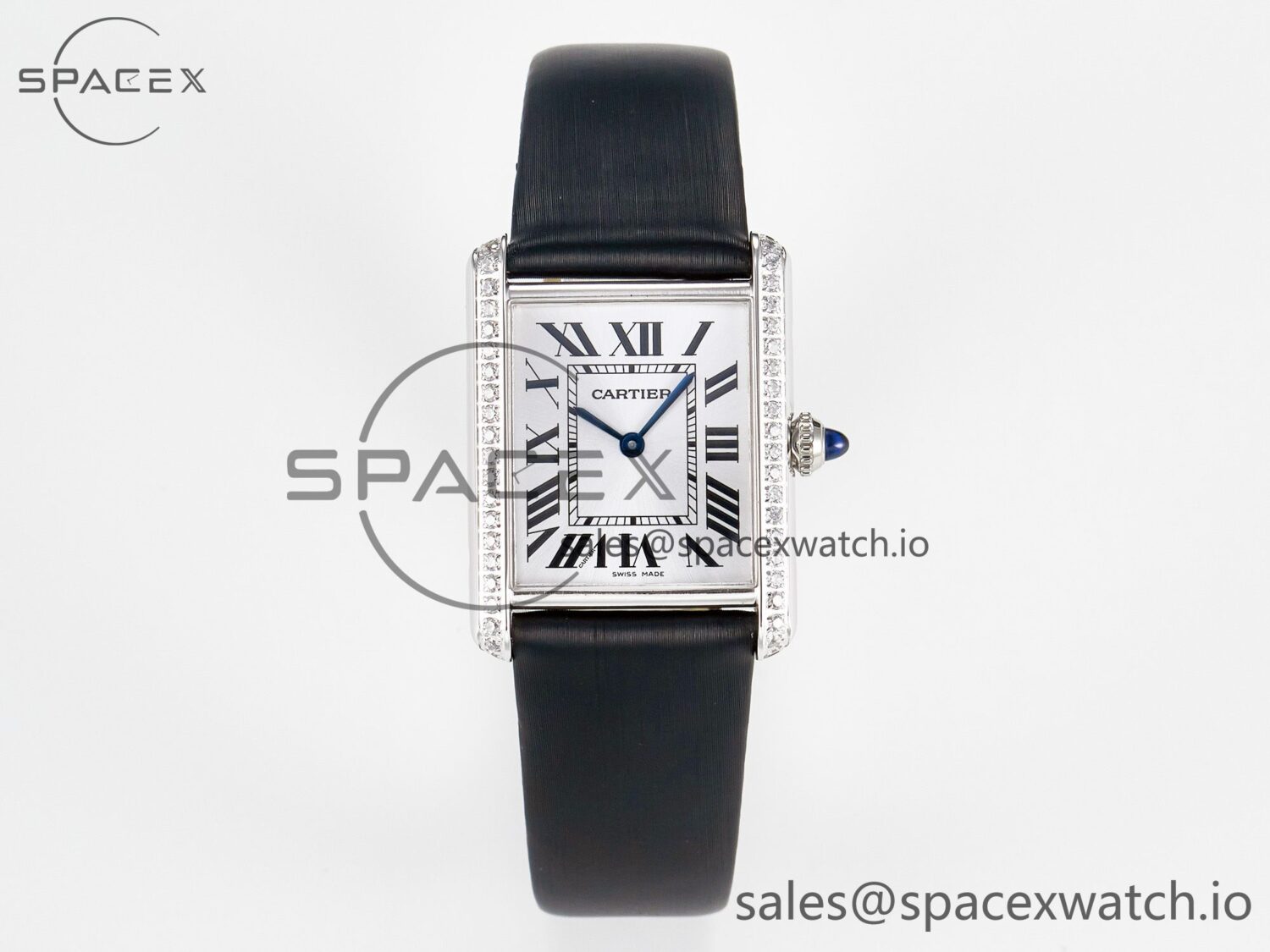 Tank Must Large SS 33.7mm DRF reference-accurate White Dial Diamonds Bezel on Black Calfskin Strap Swiss Quartz — custom-built watch