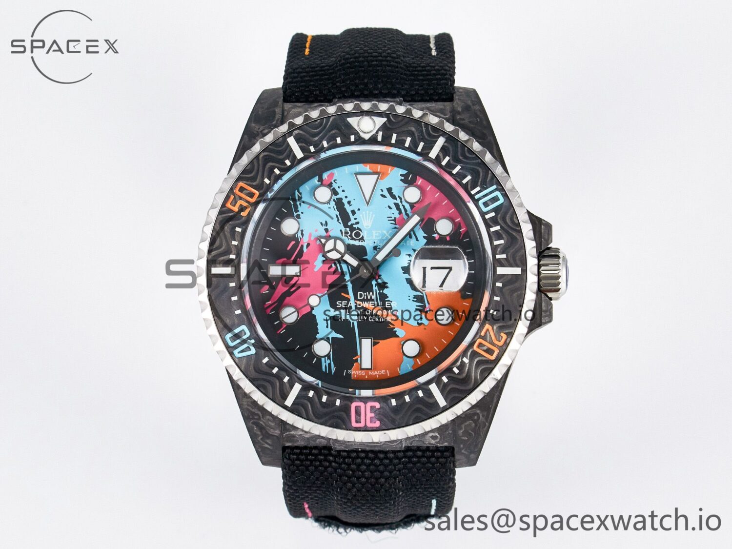 Sea Dweller 43mm Carbon DIWF Best Edition Graffiti Dial on Black Nylon Strap A2824 — custom-built watch