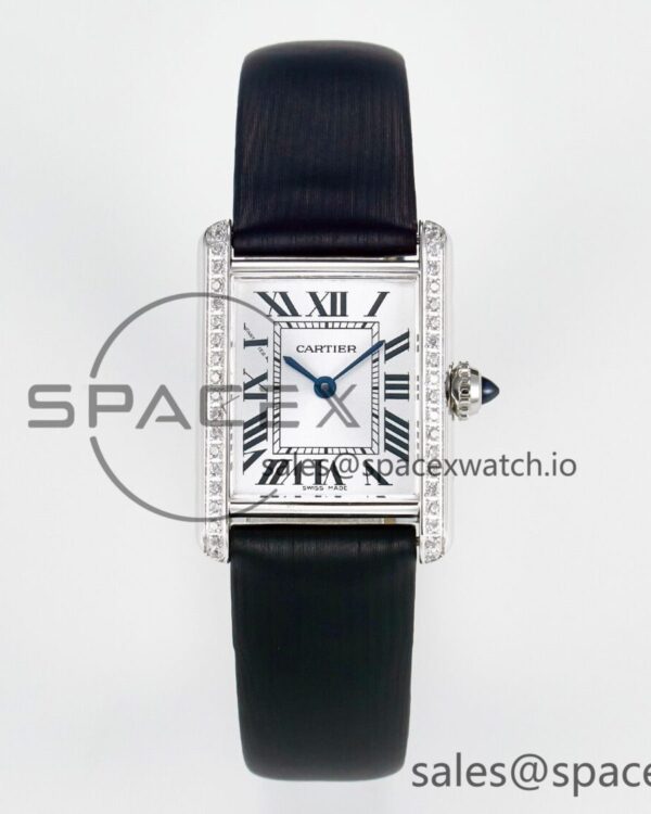 Tank Must Small SS 29mm DRF reference-accurate White Dial Diamonds Bezel on Black Calfskin Strap Swiss Quartz — custom-built watch