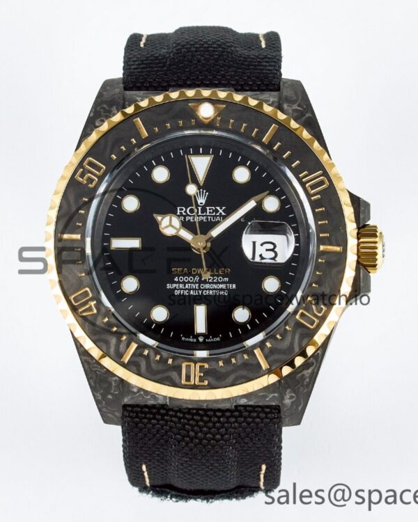 Sea Dweller 43mm Carbon DIWF Best Edition Black Dial YG Bezel on Black Nylon Strap A2824 — custom-built watch
