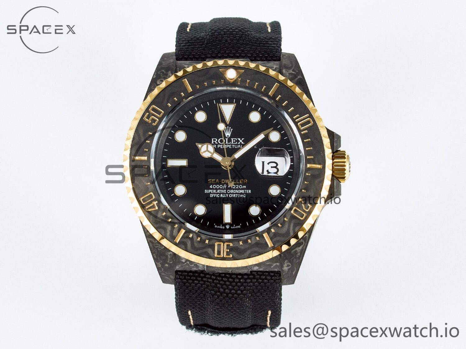 Sea Dweller 43mm Carbon DIWF Best Edition Black Dial YG Bezel on Black Nylon Strap A2824 — custom-built watch