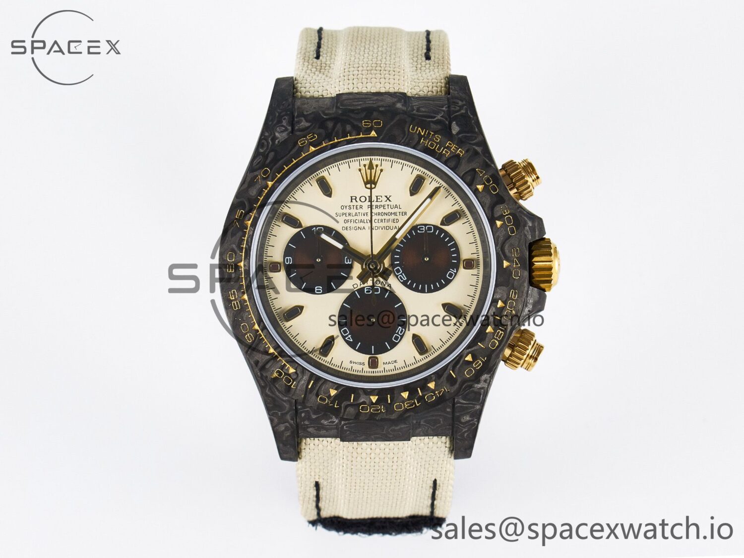 Daytona DIW Carbon Case DIWF Edition Cream/Brown Dial on White Nylon Strap A7750 — custom-built watch