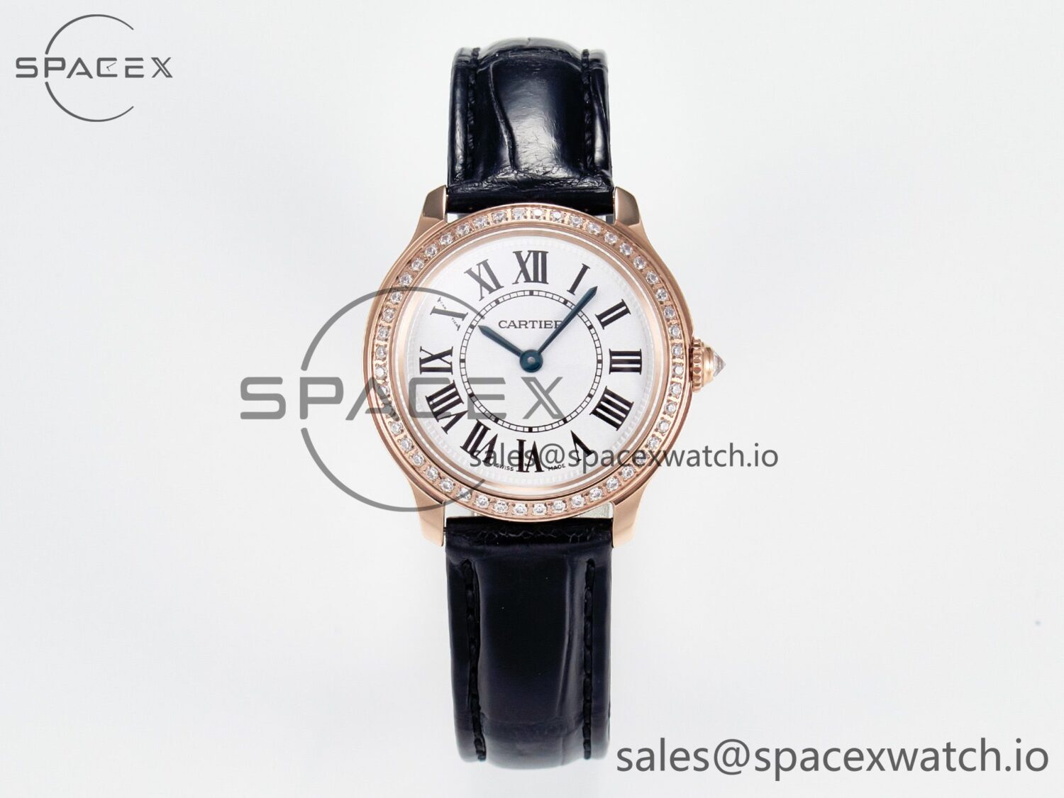 Ronde Louis Cartier 29mm RG DRF reference-accurate Sandblasted Beige Dial Diamonds Bezel on Black Leather Strap Ronda Quartz — custom-built watch