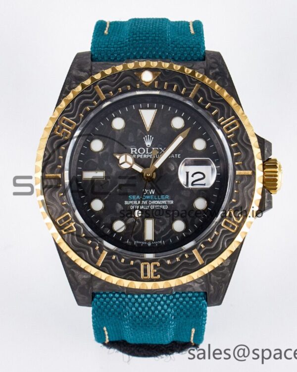 Sea Dweller 43mm Carbon DIWF Best Edition Black Dial YG Bezel on Blue Nylon Strap A2824 — custom-built watch