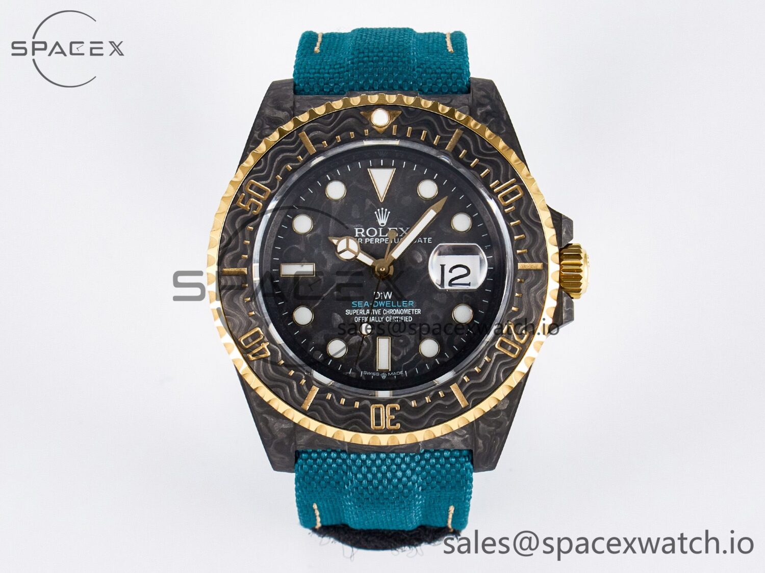 Sea Dweller 43mm Carbon DIWF Best Edition Black Dial YG Bezel on Blue Nylon Strap A2824 — custom-built watch