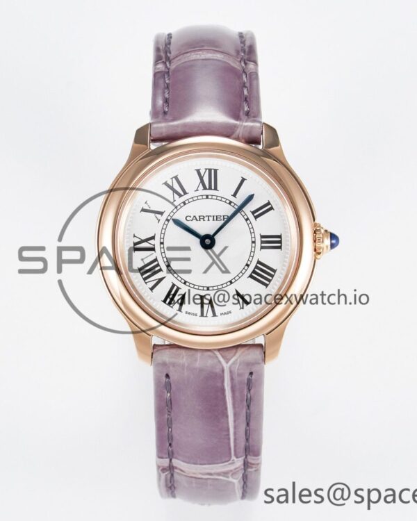 Ronde Louis Cartier 29mm RG DRF reference-accurate Sandblasted Beige Dial on Purple Leather Strap Ronda Quartz — custom-built watch