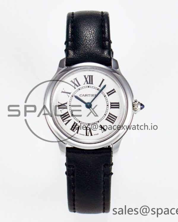 Ronde De Cartier 29mm DRF reference-accurate Sandblasted Silver-Plated White Dial on Black Leather Strap Ronda Quartz — custom-built watch